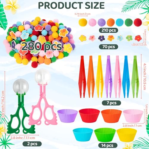 Image of EZdhuawuse Summer Sensory Bin Fillers - 304Pcs Hawaii Flower Fine Motor Toys Counting Sorting for Kids, Felt Colorful Hawaii Flower Pom Poms Cup Clip for Preschool Education Birthday Gift Party Favors