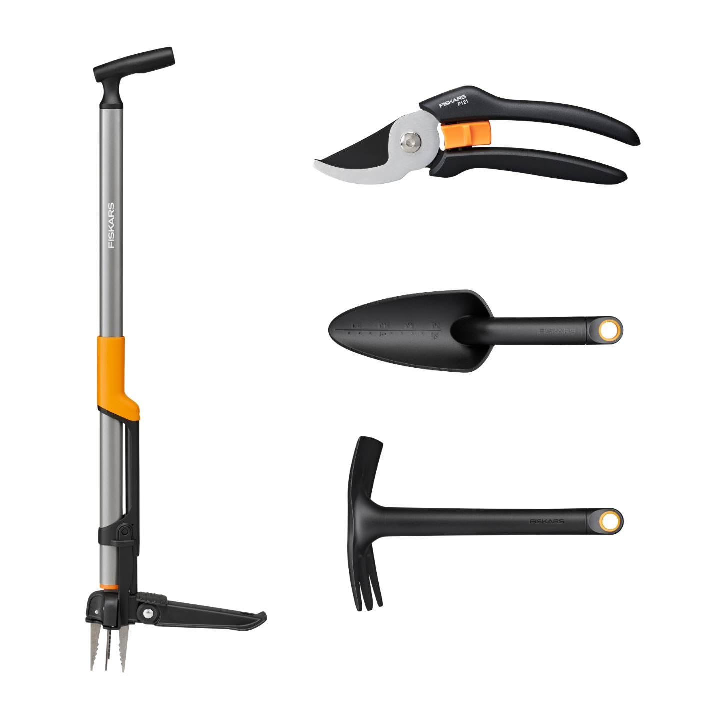 Fiskars Ergonomic Garten-Komplett-Set, 4-teilig, Unkrautstecher, Hacke, Blumenkelle und Gartenschere, Für Unkrautentfernung, Bodenbearbeitung und Pflanzenpflege, Schwarz/Orange, 1082770