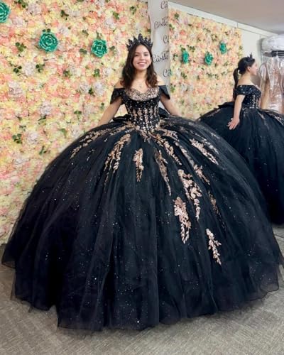 Mouccy Glitter Gold Floral Quinceanera Dresses with Bow Beaded Off Shoulder Sweet 16 Dress Ruched Tulle Evening Ball Gowns3