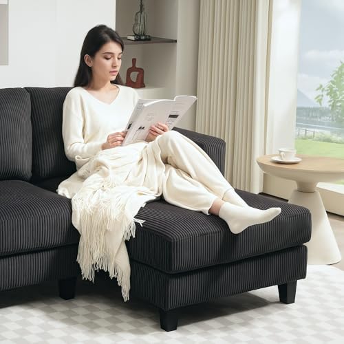 HOMCOM Ecksofa Couch mit Chaiselongue 3 Sitzer Sofa L Form Gepolsterte Eckcouch mit Cord-Optik, Hochdichtem Schaumstoff, bis 400 kg, für Wohnzimmer, Schlafzimmer, 214 x 134 x 87 cm Dunkelgrau