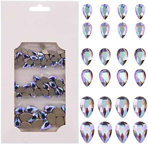Tisslan 100pcs Flat Back Glass Crystal Iridescent Purple Ab Pear Foiled 3D Nail Rhinestones Decoration Charms 3 Size Mix for Nails Art Craft Jewels DIY Supply