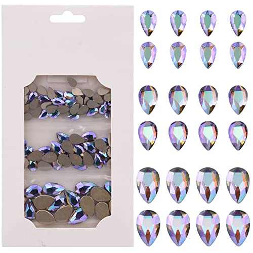 Tisslan 100Pcs Flat Back Glass Crystal Iridescent Purple Ab Pear Foiled 3D Nail Rhinestones Decoration Charms 3 Size Mix For Nails Art Craft Jewels Diy Supply #TOP3