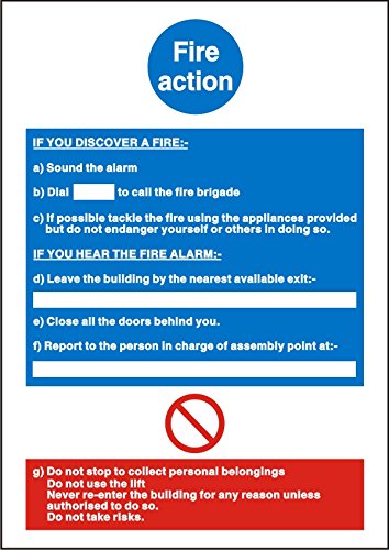 Seco Schild „Fire Action With No Entry“ – 200 X 300 Mm, Selbstklebend, Halbstarrer Kunststoff