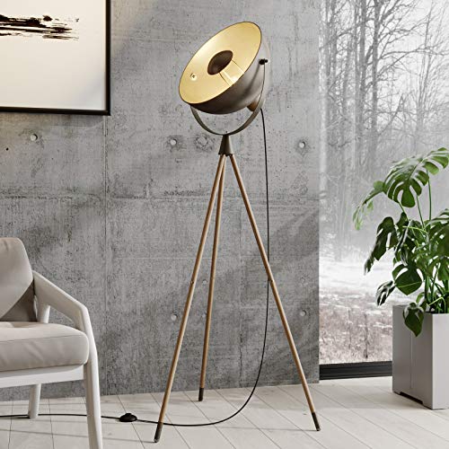 Preisvergleich Produktbild Lindby Tripod / Dreibein Stehlampe Dunkelgrau Gold / Stehleuchte Holz Metall mit Fußschalter / Standleuchte 1 flammig E27 Fassung max. 60W / ohne Leuchtmittel