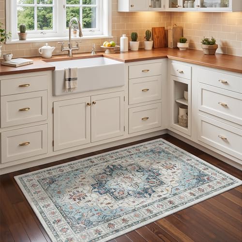 Madane Washable Entry Rug 3x4, Area Rugs for Entryway Kitchen Bathroom Door Mat Indoor Entrance, Vintage Floral Print Office Runner with Non Slip Rubber Backing, Blue