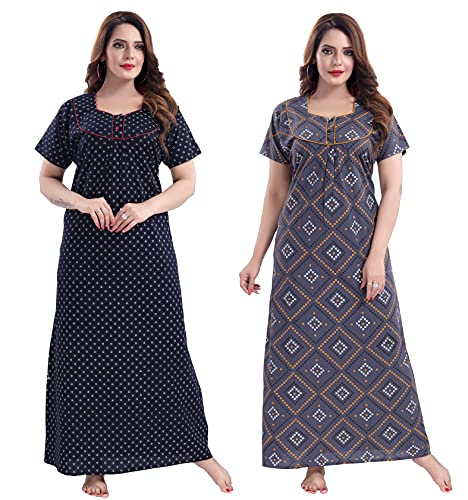 YKI YKI® Women's/Girls Cotton Fabric Beautiful Print Nighty/Nightgown/Nightwear/Nightdress with Pocket (Pack of 2), Navy-Bun+Ban-Grey-2066, XX-Large ( Bust Size 44") Length-54"