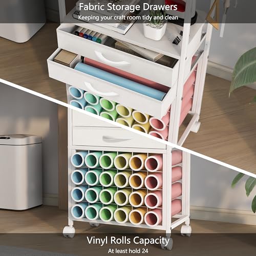 Image of VENNQD Organizer and Storage Stand Compatible with Cricut Machines,Rolling Storage Cart /Shelf with 24 Vinyl Roll Holders，2 Fabric Drawer,Accessories Holder,Tool Hook for Craft Room Home (white)