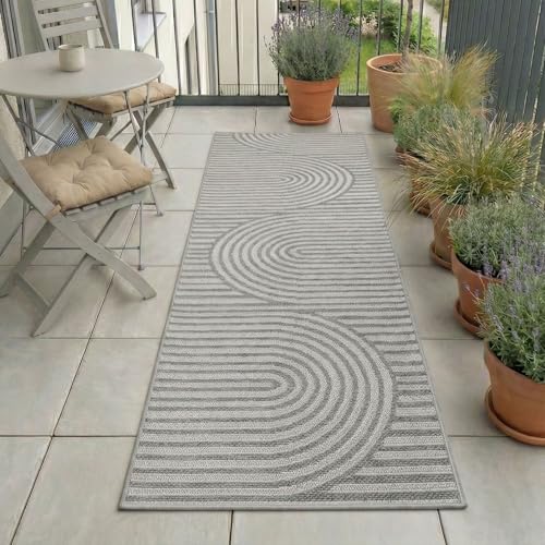 Carpetsale24 Outdoor Teppich Grau 80x250 cm Läufer, Wetterfest & UV-beständig, ideal für Küche, Balkon, Terrasse auch Wohnzimmer und Esszimmer, Skandinavisches Boho-Design, Leicht zu Reinigen