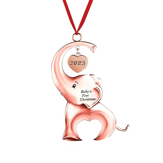 Baby's First Christmas Tree Decorations, Christmas Ornaments 2023, Baby First Christmas Elephant Deco, Baby Keepsake Ornament with 2 Colors Ribbon, for Newborn Baby Boys or Girls (Rose Gold)