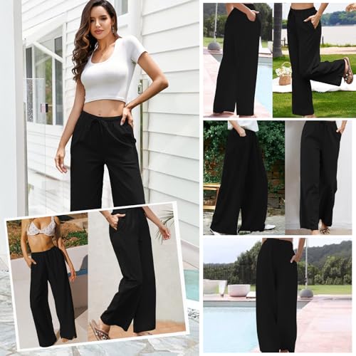 HAPYWER Leinenhose Damen Weites Bein Sommerhose Leichte Freizeithose Lang Stoffhose High Waist mit Gummizug Palazzo Strandhose mit Taschen(Schwarz,L)
