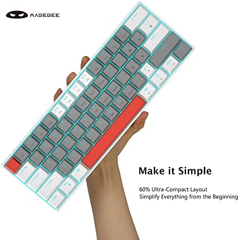 60% Mechanical Gaming Keyboard, MageGee STAR 61 Compact Blue LED Backlit Wired Keyboard with Detachable USB Type-C Cable, Portable Full Keys Anti-ghosting Gaming Keyboard-White & Grey/Blue Switch