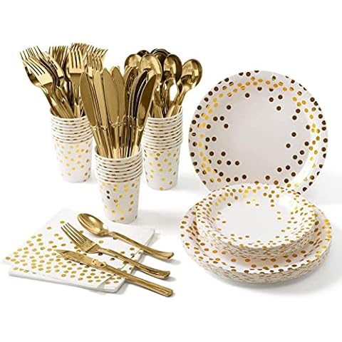 141 Stück Weißgold Partygeschirr Pappbecher Pappteller Set Cover