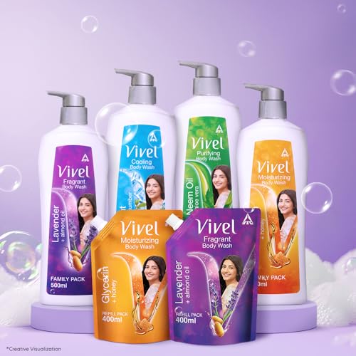 Image of Vivel Fragrant Body Wash, Lavender & Almond Oil Shower Gel, 400 ml Supersaver Refill Pouch, Moisturizing Bodywash, Soft & Smooth Skin, Effective Cleansing, For Women & Men (Pack of 2)