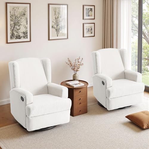 Image of Swivel Rocker Recliner Chairs Set of 2, 360 Swivel Wingback Recliner Chairs for Adults, Upholstered Boucle Fabric Glider Rocking Chair with High Back, Deep Seat for Living Romm Bedroom, Beige