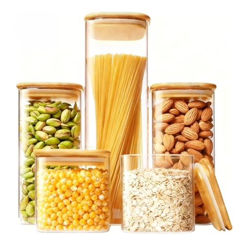 Glass Pantry Storage Containers,Glass Storage Jars with Bamboo Lids,Square Food Storage Jar Set of 5,Pantry Organizers and Storage for Noodles Flour Cereal Beans