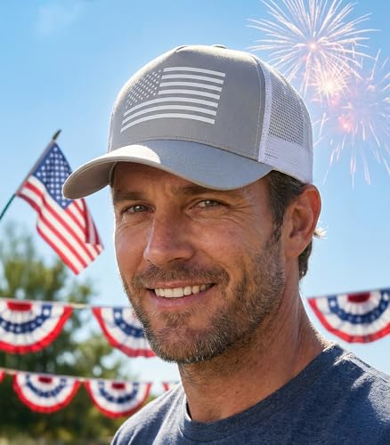 spxkd American Flag Trucker Hat,USA Hat for Men Women Snapback Baseball Cap Adjustable Breathable Mesh Side Durable Hats Outdoor(US, Alpha, Medium, 2 Pcs Khaki and Light Grew) — view 6