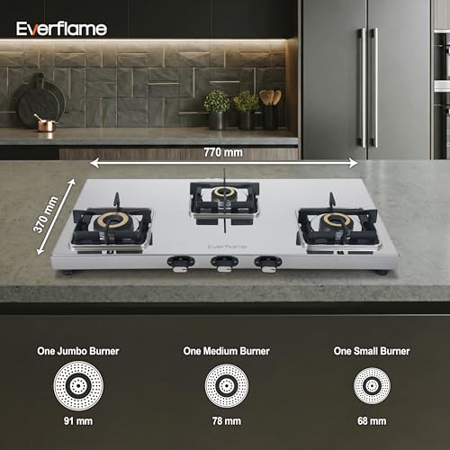 Image of Everflame Prime Gas Stove| 3 Burner Stainless Steel Stove | Manual Ignition | LPG Stove | Gas-Saver | (1.2MM)-Thick SS Body | Brass Burner | ISI Certified | 2 Years Product Warranty + Doorstep Service