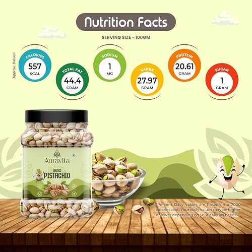 Image of Auravita Premium Roasted & Salted Pistachios 500gm | Crunchy & Flavorful Pista Dry Fruit | Resealable Jar | High in Protein & Fiber | Ideal for Snacking, Gifting
