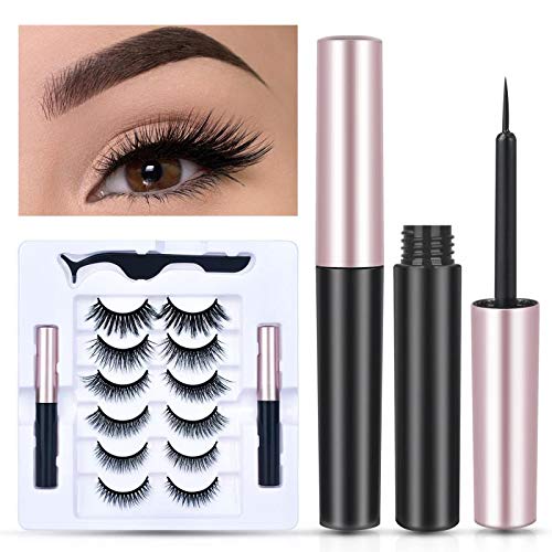 BSFORV Magnetic Eyelashes with Eyeliner, 2 Tubes of Smooth Liquid Magnetic Eyeliner and 6 Pairs Reusable Magnetic False Lashes with Tweezers