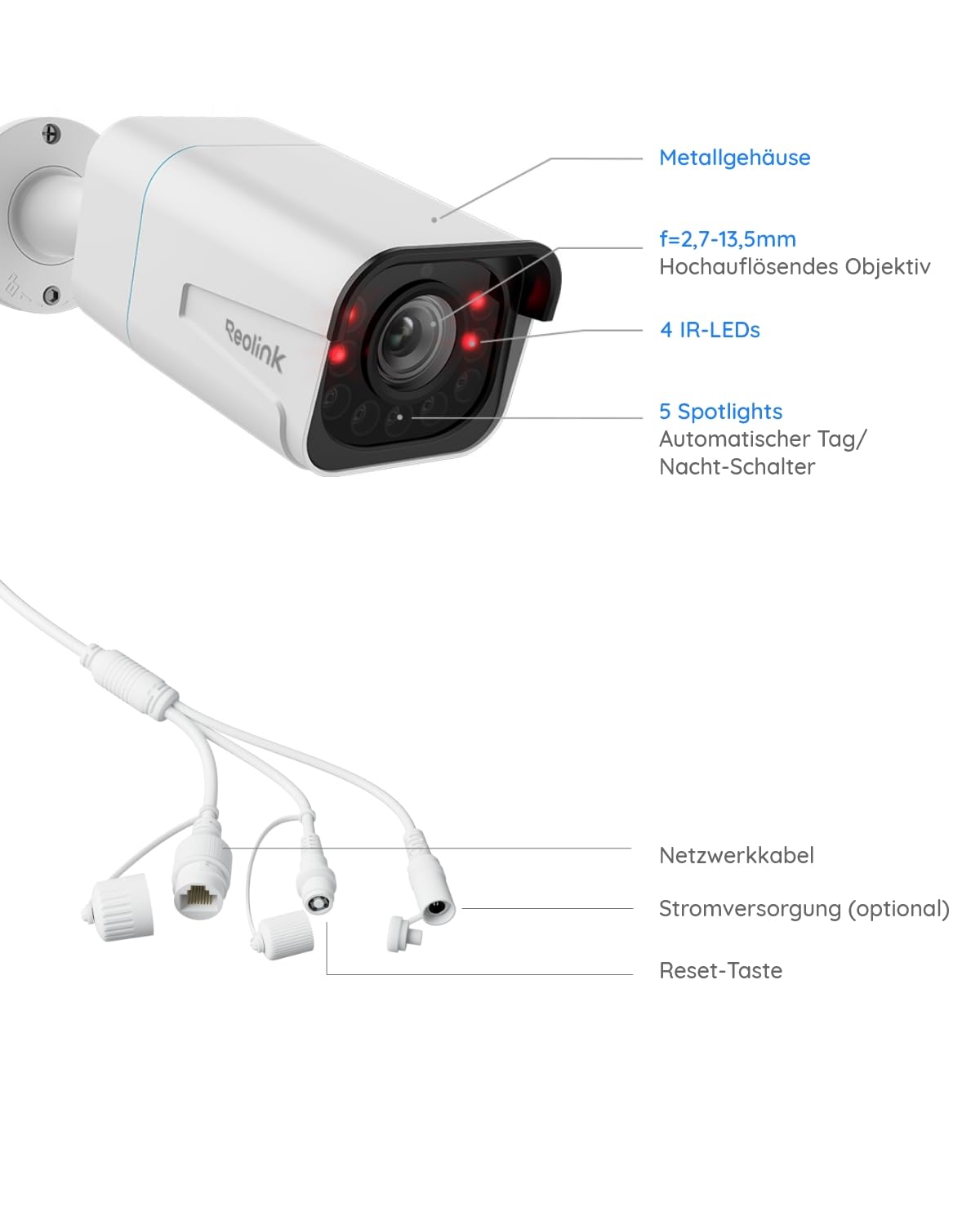 Reolink 4K Smarte PoE IP Kamera Outdoor mit Personen-/Autoerkennung, 5X optischer Zoom Überwachungskamera Aussen, Spotlight, Farbige Nachtsicht, Zwei-Wege-Audio, microSD Kartensteckplatz, RLC-811A