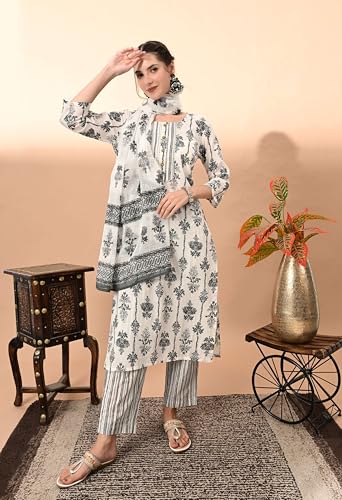 Image of Amazon Brand - Tavasya Women Cotton Anarkali Kurta Pant Dupatta Set | Printed Ethnic Suit Set | Flared Anarkali Kurta with Pant & Dupatta | Festive & Casual Wear