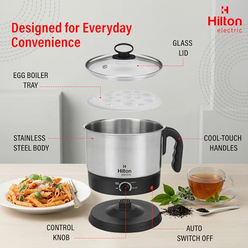 Image of Hilton 600W Multipurpose Electric Kettle with Steamer, Stainless Steel Body, Cool Touch Handle, Auto Shut-Off for Boiling Eggs, Water, Milk, Noodles & Soup, 1.5Ltr, Black & Silver