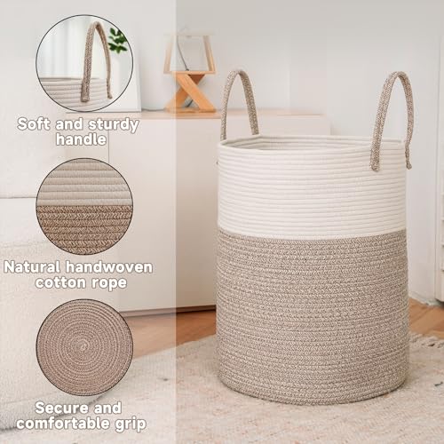 large woven laundry basket hamper60l cotton rope storage bin for blanketstoys and clothesdecorative tall nursery hamper for living roombaby nurserybathroom and bedroombrown