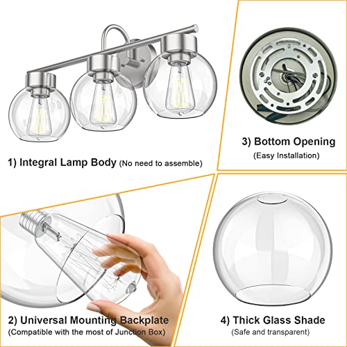 Image of EAPUDUN 3 Light Bathroom Vanity Light, Brushed Nickel Bathroom Light Fixtures with Clear Glass Shade Wall Sconce, Porch Wall Lamp for Mirror, WLA1435-BNK