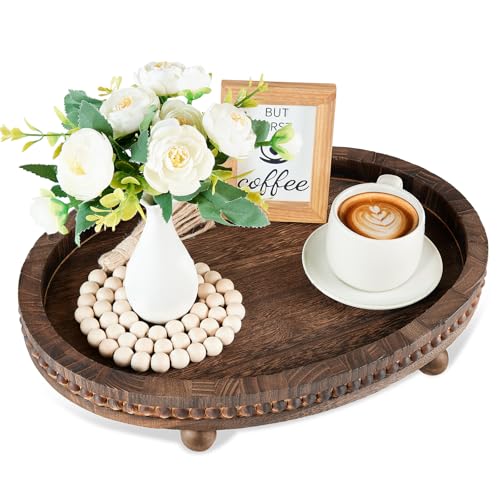 Wooden Decorative Tray-16&times;11.8in Wood Beaded Coffee Table Decor Tray, Rustic...