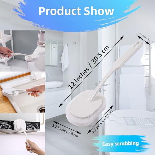 Image of Long Handle Sponge Scrub Bathroom Brush, Sponge Cleaning Brush with Handle Large Wall Scrubber Shower Long Handles Brush for Tableware, Kitchen, Toilet, Bathroom Cleaning Tools Accessories White