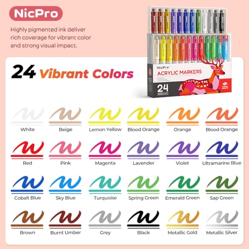 Image of Nicpro 24 Colors Acrylic Paint Markers Brush Tip, Water-Based No-Bleed
