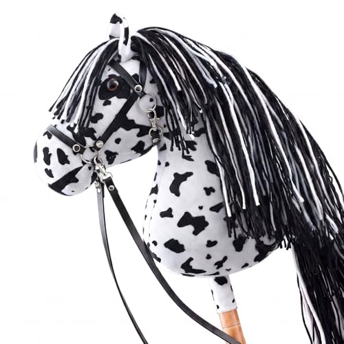 Teyva Daily Large Hobby Horse Realistic Head Long Flowing Mane Removable Leather Reins Solid Wooden Stick for Equestrian Training & Competition Screen-Free Fun for Active Kids(Black and White)