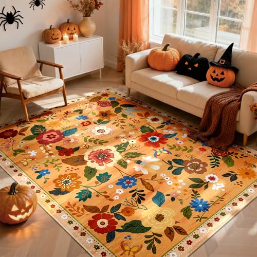 Floral 5x7 Area Rug Machine Washable Soft Print Boho Carpet Non Slip Doormat Low Pile Flower Area Rugs for Living Room Bedroom Nursery Kitchen Dining Room Indoor-Yellow/Orange