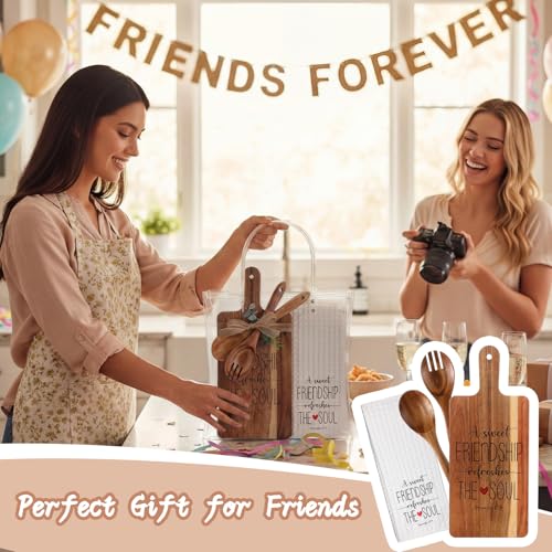 Juego de 7 piezas para amigas: tabla de cortar de madera de acacia, cuchara y tenedor de ensalada, paño de cocina impreso, bolsa de PVC transparente, ramitas artificiales y cinta de cáñamo — regalo ideal para cumpleaños, Navidad o sorpresa miniatura 4