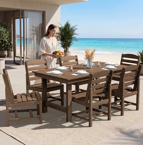 Image of SERWALL 7-Pc HDPE Patio Dining Set, 1 Table & 6 Armless Chairs, Brown | HDPE Outdoor Dining Set with Rectangular Table & 6 Armless Chairs, All-Weather Resistant SERWALL Dining Set for 6