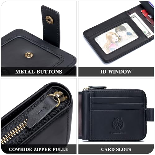 Image of Genuine Leather Zipper Wallet for Men RFID Blocking Large Capacity Classic Wallet with Coin Pocket ID Window, Black