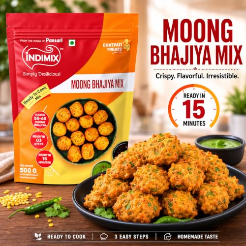 Image of INDIMIX Instant Moong Bhajiya Mix 500g | Ready-to-Cook Crispy Moong Pakoras, Homemade Authentic Flavor in 3 Easy Steps, No Artificial Colors or Preservatives, Pansari