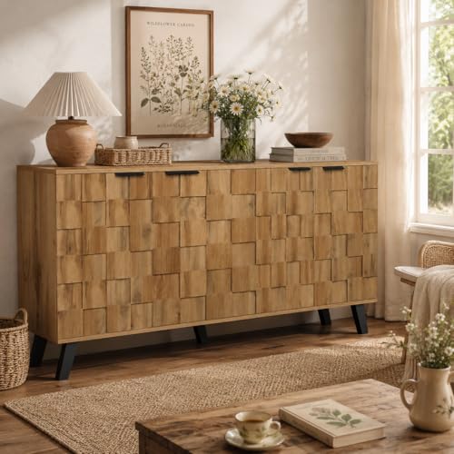 OLIVIBED 160 cm Aparadores para Salon con 2 Puertas, Aparador Cocina con Encimera, Armario de Almacenamiento para Salón Pasillo Cocina Sala, Color Natural, 160.5x35.5x78cm