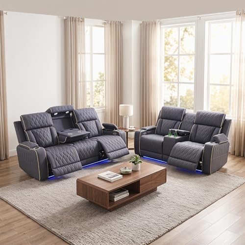 2 Piece Power Recliner Sofa Set with LED Lights, Electric Reclining Living Room Furniture Set with...