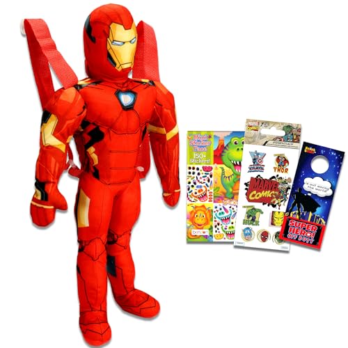 Juguete de peluche de Iron Man, paquete de juguetes de peluche de Iron Man de 18 pulgadas con correas de transporte, libro de calcomanías Create-A-Face y más | Regalos de Iron Man para niños