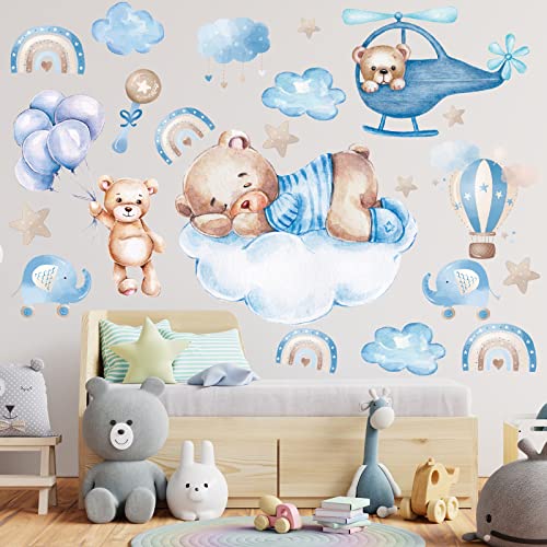 Whaline 4 Pcs Bear Wall Stickers Blue Bear Sweet Dream Wall Decals Rainbow Moon Hot Air Balloon Star Mural Stickers For Kids Baby Interior Nursery Bedroom Birthday Party Decoration, 11.8 X 11.8 Inch #TOP5