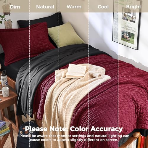 Image of HYMOKEGE Red & Black Twin XL Comforter Set Seersucker 5 Pieces, All Season Luxury Bed in a Bag for Bedroom, Bedding Set with Comforter, Sheets, Pillowcase & Sham