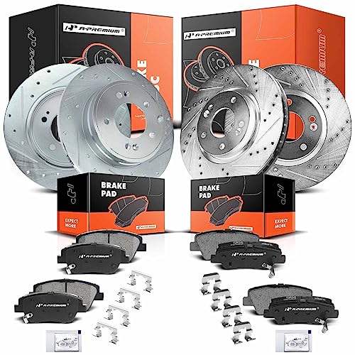 A-Premium Front and Rear Drilled and Slotted Disc Brake Rotors + Ceramic Pads Kit Compatible with Select Kia and Hyundai Models - Optima, Sonata 2011 2012 2013 2014 2015, 12-PC Set