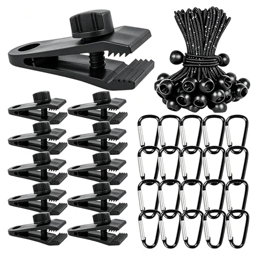 60 Stücks Planenbefestigung Set Vielseitigen Wasserfestes Planenclips Enthält Planenspanner Spanngummis mit Kugel Karabiner Planenclips Spannverschluss für Camping Zelten Sonnensegel Tarp und Reisen