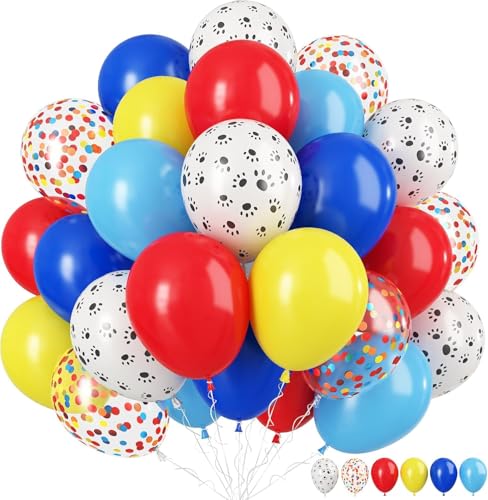 Image of Dog Paw Balloons, 12 Inch Carnival Circus Balloons Red Yellow Blue and White Paw Print Puppy Balloons Colorful Confetti Latex Balloon for Dog Themed Birthday Party Decorations