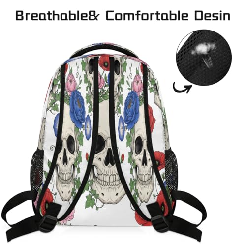 Mochila escolar para mujer y hombre con estampado de calaveras para universidad y viaje 4