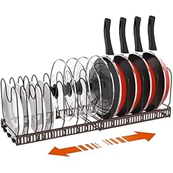 Soporte Sartenes Carrefour Housolution Organizador de Ollas y Sartenes, Extensible Organizador Tapas Ollas con 14 Compartimentos Ajustable, Soporte Tapas Ollas y Sartenes para Cocina, Bronce