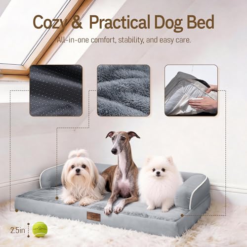 Image of Comfort Expression Washable Orthopedic Dog Bed for Extra Large Sized Dogs | Waterproof Memory Foam Pet Bed 45x35 Inch with Removable Cover with Non-Slip & Bolster, Grey