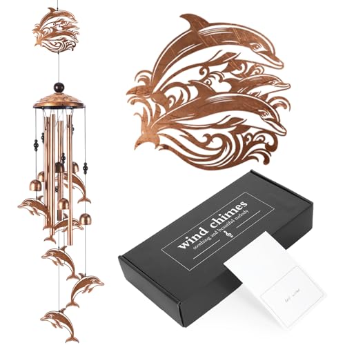 Metal wind chime with dolphin-shaped ornaments hanging from tubes, designed for outdoor patio or garden use