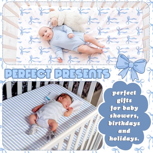 Image of Peryiter 4 Pack Crib Sheets Blue Bow Soft Baby Bed Sheet Set 52'' x 28 inch Nursery Crib Sheets for Standard Bed Toddler Mattress Nursery Decor Boys Girls Kids